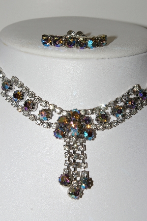 +MBA #E47-007   "Vintage Silvertone AB & Clear Crystal Rhinestone Choker & Earring Set"