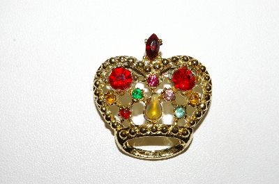 **MBA #E47-042   "Vintage Goldtone Multi Colored Rhinestone Crown Pin"