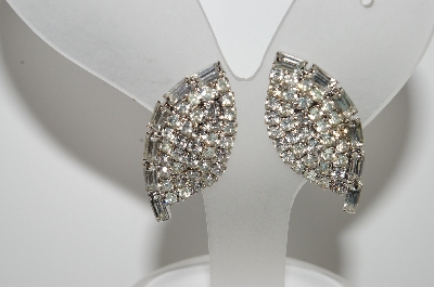 +MBA #E47-050   "Vintage Silvertone Clear Crystal Fancy Clip On Earrings"