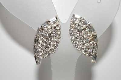 +MBA #E47-050   "Vintage Silvertone Clear Crystal Fancy Clip On Earrings"