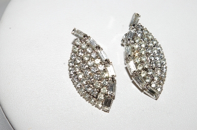 +MBA #E47-050   "Vintage Silvertone Clear Crystal Fancy Clip On Earrings"