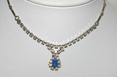 +MBA #E47-068   "Vintage Silvertone Blue & Clear Rhinestone Choker & Earring Set"