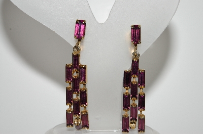 +MBA #E47-026   "Vintage Gold Plated 11 Stone Purple Glass Rhinestone Earrings"