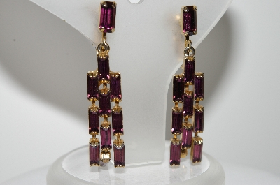 +MBA #E47-026   "Vintage Gold Plated 11 Stone Purple Glass Rhinestone Earrings"