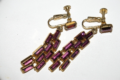 +MBA #E47-026   "Vintage Gold Plated 11 Stone Purple Glass Rhinestone Earrings"