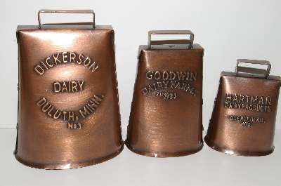 +MBA #E47-135   "Set Of 3 Antique Copper Finish Cow Bells"