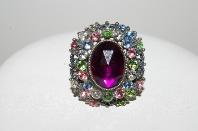 **MBA #E47-181   "Vintage Antiqued Silvertone Multi Colored Rhinestone Ring"