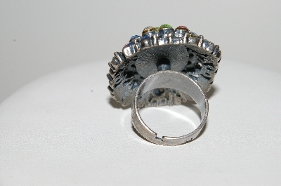 **MBA #E47-181   "Vintage Antiqued Silvertone Multi Colored Rhinestone Ring"