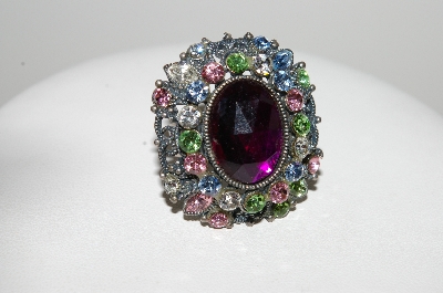 **MBA #E47-181   "Vintage Antiqued Silvertone Multi Colored Rhinestone Ring"