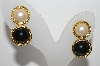 +MBA #91-109  "Vintage Goldtone Black Stone & Faux Pearl Pierced Earrings"
