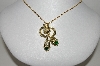 +MBA #91-023   "Vintage Gold Tone Green Rhinestone & Faux Pearl Pendant With Chain"
