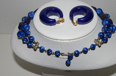 +MBA #91-122   "Vintage Blue Acrylic Bead Necklace & Clip On Hoop Earrings" 