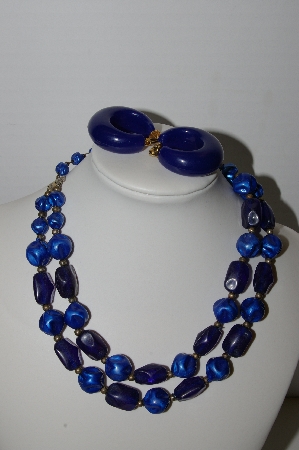 +MBA #91-122   "Vintage Blue Acrylic Bead Necklace & Clip On Hoop Earrings" 