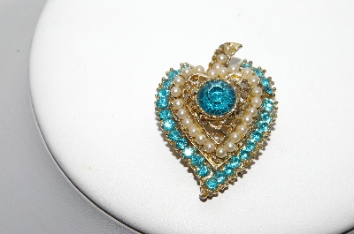 +MBA #91-002   "Vintage Goldtone Blue Rhinestone & Faux Pearl Heart Pin"