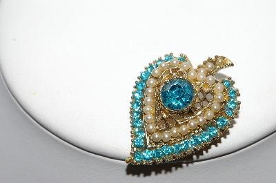 +MBA #91-002   "Vintage Goldtone Blue Rhinestone & Faux Pearl Heart Pin"