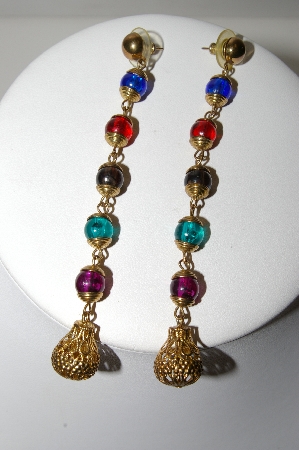 +MBA #91-108   "Vintage Gold Plated Multi Colored Acrylic bead Drop Earrings"