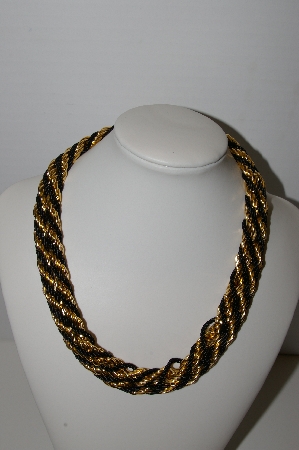 +MBA #91-066   "Vintage Black Silk Cord & Gold Plated Twisted Rope Necklace"
