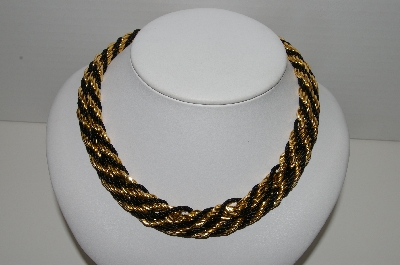 +MBA #91-066   "Vintage Black Silk Cord & Gold Plated Twisted Rope Necklace"