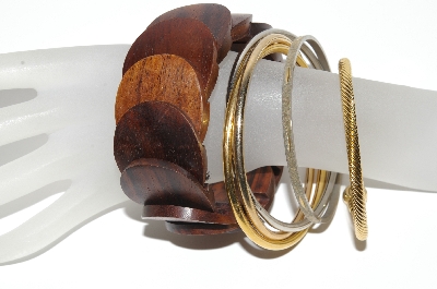 +MBA #91-107   "Vintage Lot Of 1 Wooden & 2 Metal Bangle Bracelets"