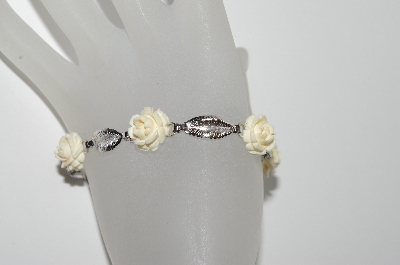 +MBA #91-032    "Vintage Sterling White Celluloid Rose Flower Bracelet" 