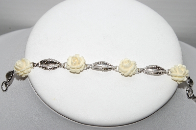 +MBA #91-032    "Vintage Sterling White Celluloid Rose Flower Bracelet" 