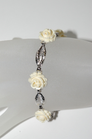 +MBA #91-032    "Vintage Sterling White Celluloid Rose Flower Bracelet" 