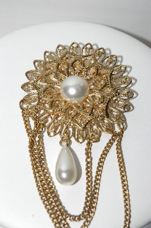 +MBA #91-003   "Vintage Gold Plated Faux Pearl Pin With Layered Chains" 