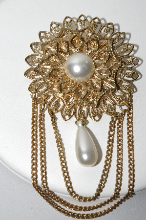 +MBA #91-003   "Vintage Gold Plated Faux Pearl Pin With Layered Chains" 