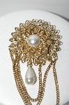 +MBA #91-003   "Vintage Gold Plated Faux Pearl Pin With Layered Chains" 