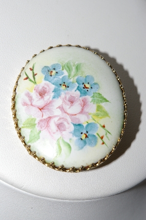 +MBA #91-010   "Vintage Hand Painted Porcelain  Rose Pin"