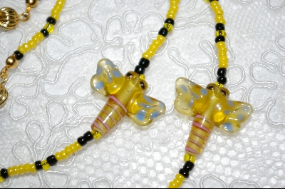 +MBA #6569    "Lamp Work Glass Dragonflys With Yellow & Blacks Beads