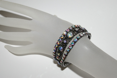 +MBA #91-134   "Vintage Set Of 3 Gun Metal Grey  AB Crystal Stretch Bracelets"