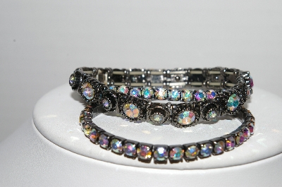 +MBA #91-134   "Vintage Set Of 3 Gun Metal Grey  AB Crystal Stretch Bracelets"
