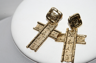 +MBA #91-100   "Vintage Gold Plated Fancy Cross Pierced Earrings"