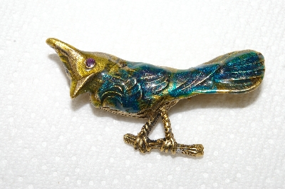 **MBA #E48-006   "Vintage Antiqued Gold Tone Enameled Bird Pin"