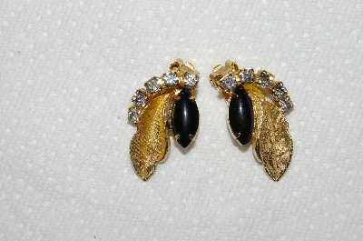 +MBA #E49-204    "Vintage Gold Tone Black Stone & Clear Crystal Rhinestone Fancy leaf Earrings"