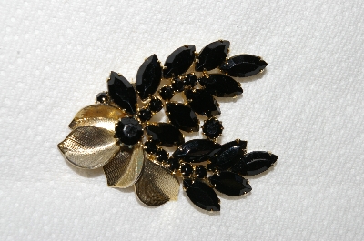 **MBA #E49-196   "Vintage Gold Tone Fancy Black Glass Stone Leaf Brooch"