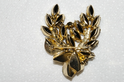 **MBA #E49-196   "Vintage Gold Tone Fancy Black Glass Stone Leaf Brooch"