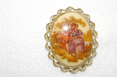 **MBA #E48-167   "Vintage Gold Tone Victorian Style Acrylic Pin"