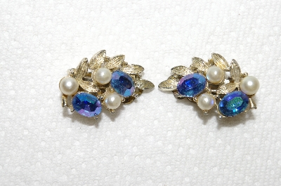 +MBA #E48-155   "Lisner Gold Tone Blue AB Rhinestone & Faux Pearl Clip On's"
