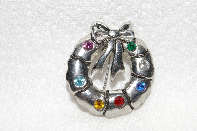 **MBA #E48-178   "Vintage Silvertone Multi Colored Crystal Rhinestone Wreath Pin"