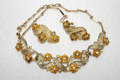 +MBA #E48-161   "Coro Gold Tone Fancy Citrine & Clear Rhinestone Flower Necklace & Earring Set"