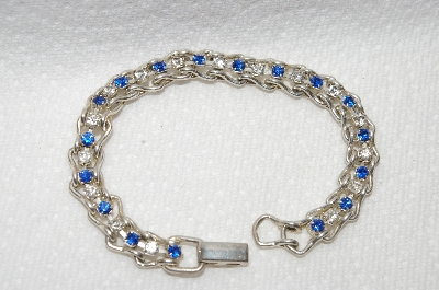 +MBA #E48-204   "Vintage Silvertone Blue & Clear Crystal Rhinestone Bracelet"