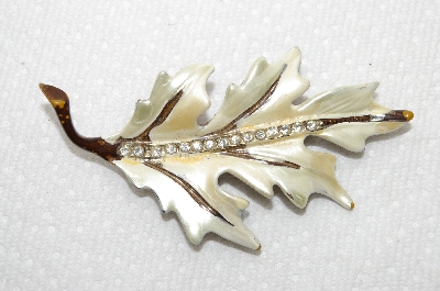 **MBA #E48-147  "Vintage White Enamel & Clear Rhinestone Leaf Pin"