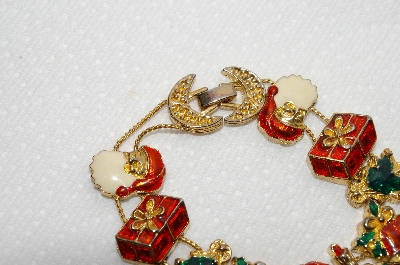 +MBA #E48-138  "Vintage Goldtone Enameled Christmas Square Bead Bracelet"