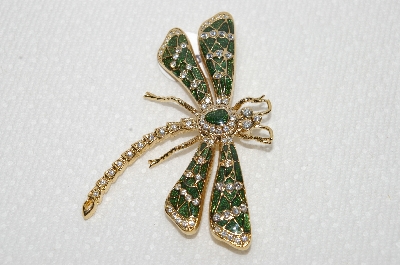**MBA #E48-265   "Vintage Gold Tone Fancy Crystal & Green Enamel Dragonfly Pin"