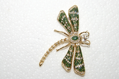 **MBA #E48-265   "Vintage Gold Tone Fancy Crystal & Green Enamel Dragonfly Pin"