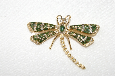 **MBA #E48-265   "Vintage Gold Tone Fancy Crystal & Green Enamel Dragonfly Pin"