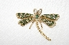 **MBA #E48-265   "Vintage Gold Tone Fancy Crystal & Green Enamel Dragonfly Pin"