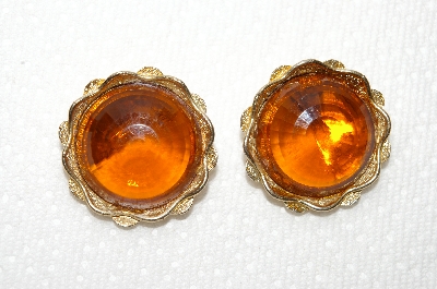 +MBA #E48-019   "Coro Gold Tone Amber Colored Acrylic Stone Earrings"